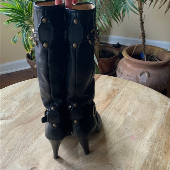 Coach “Maribelle” Black Leather Heeled Boots with Gold Buckles - Picture 6 of 12